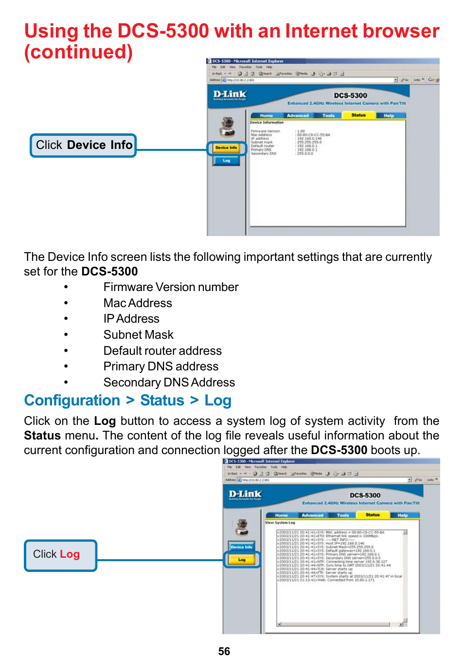 Configuration > status > log | D-Link DCS-5300 User Manual | Page 56 / 109