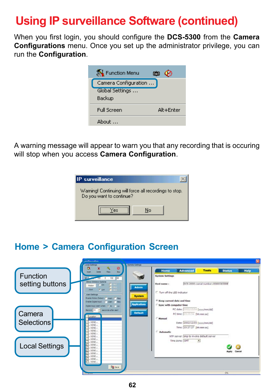 Using ip surveillance software (continued), Home > camera configuration screen | D-Link DCS-5300 User Manual | Page 62 / 109