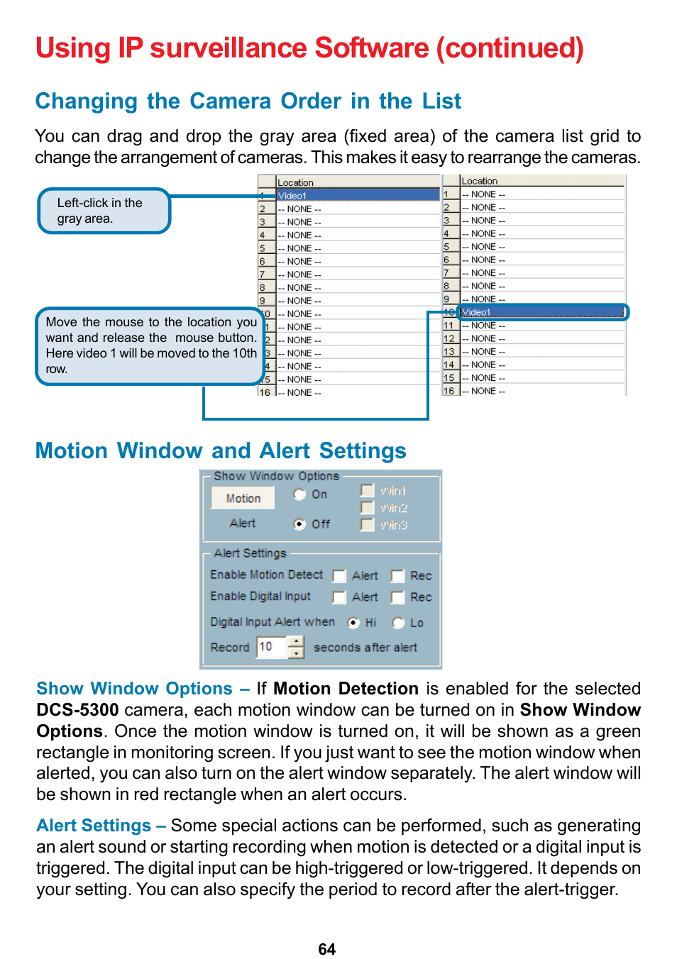 Using ip surveillance software (continued), Motion window and alert settings, Changing the camera order in the list | D-Link DCS-5300 User Manual | Page 64 / 109