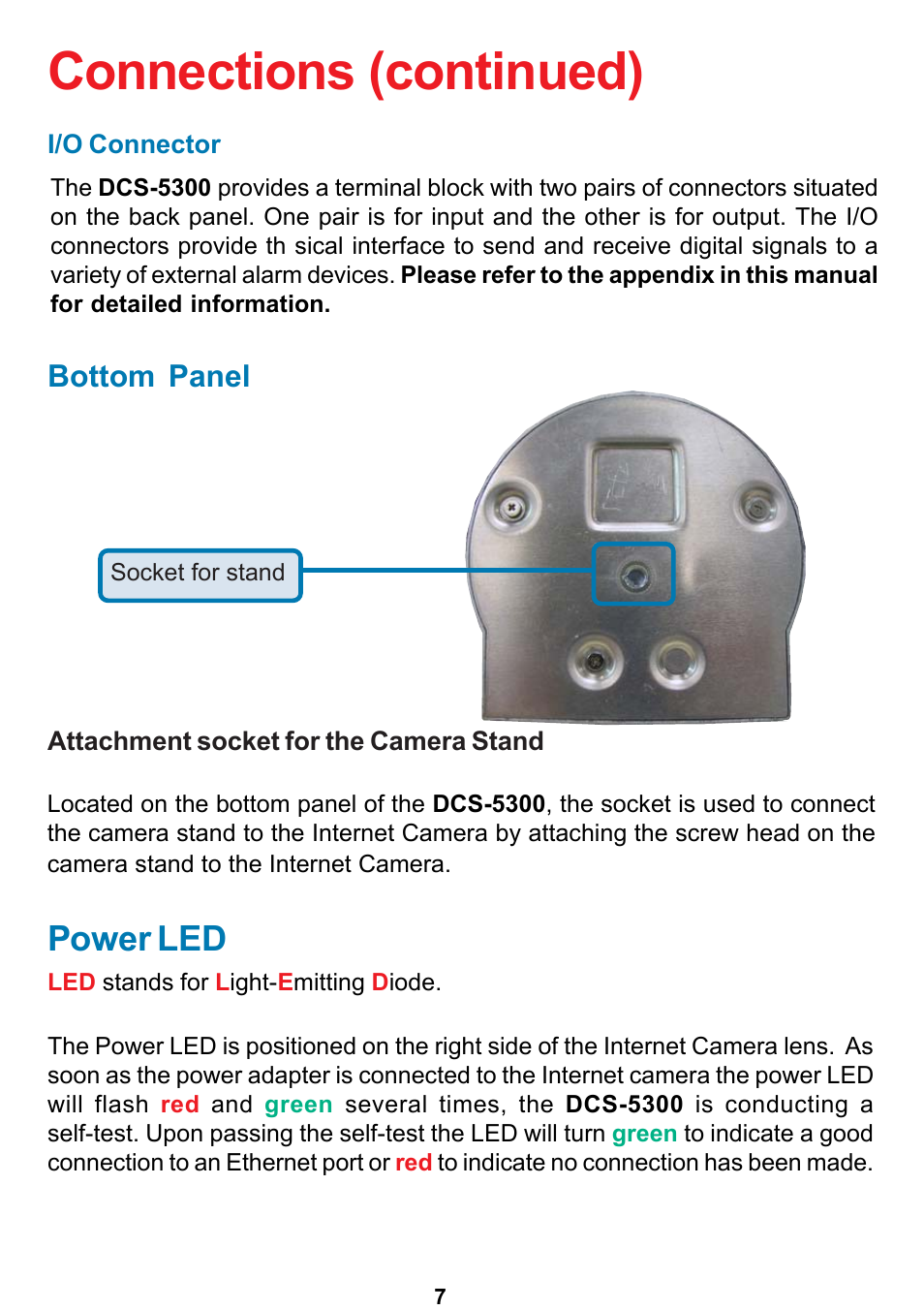 Connections (continued), Power led, Bottom panel | D-Link DCS-5300 User Manual | Page 7 / 109