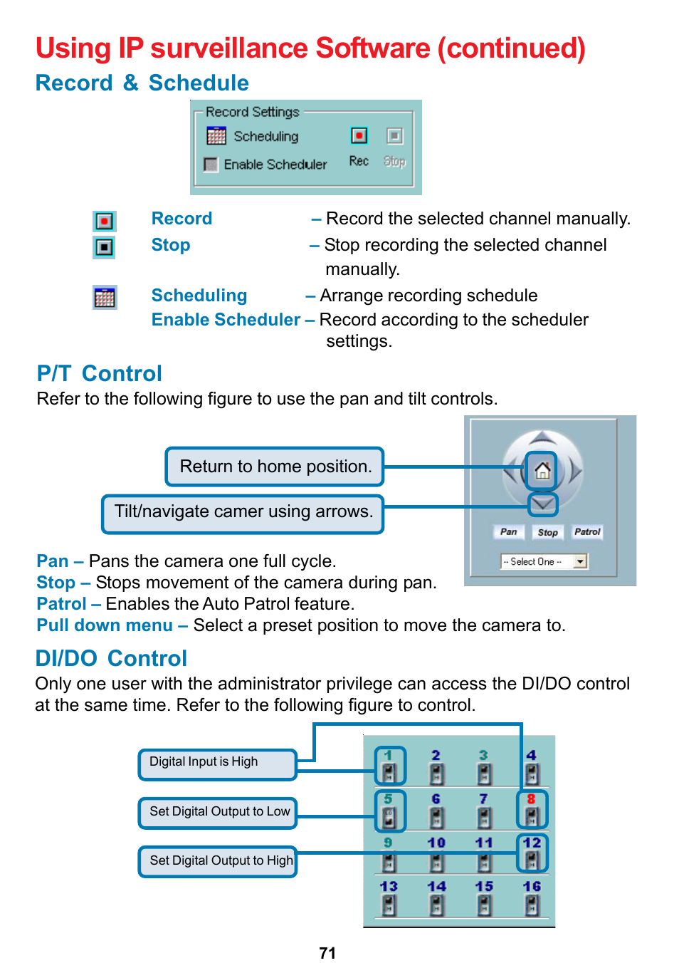Using ip surveillance software (continued), Record & schedule, Di/do control | P/t control | D-Link DCS-5300 User Manual | Page 71 / 109