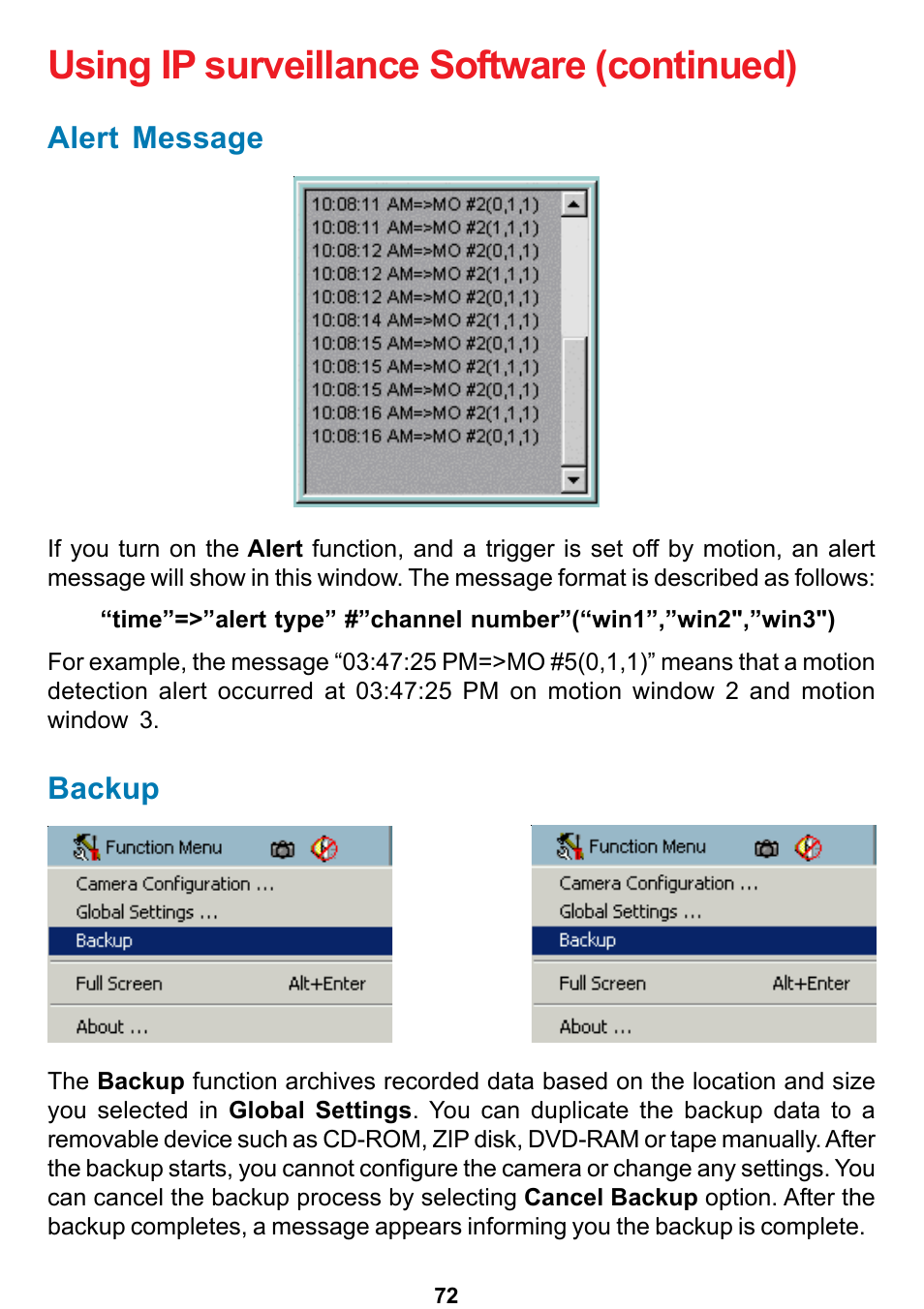 Using ip surveillance software (continued), Backup, Alert message | D-Link DCS-5300 User Manual | Page 72 / 109