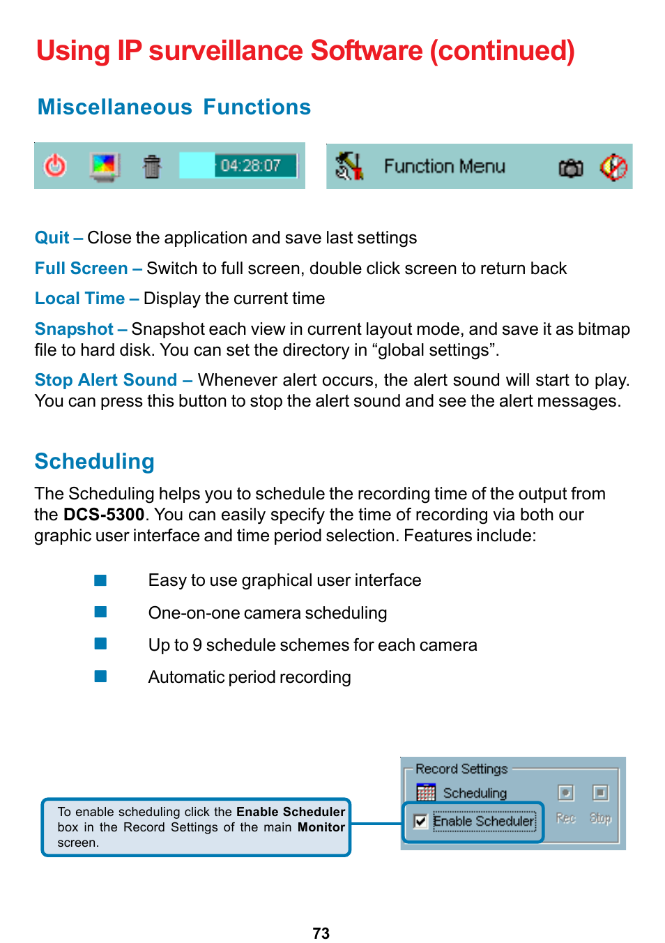 Using ip surveillance software (continued), Miscellaneous functions, Scheduling | D-Link DCS-5300 User Manual | Page 73 / 109