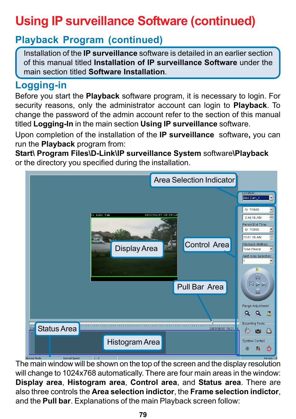 Using ip surveillance software (continued), Logging-in, Playback program (continued) | D-Link DCS-5300 User Manual | Page 79 / 109