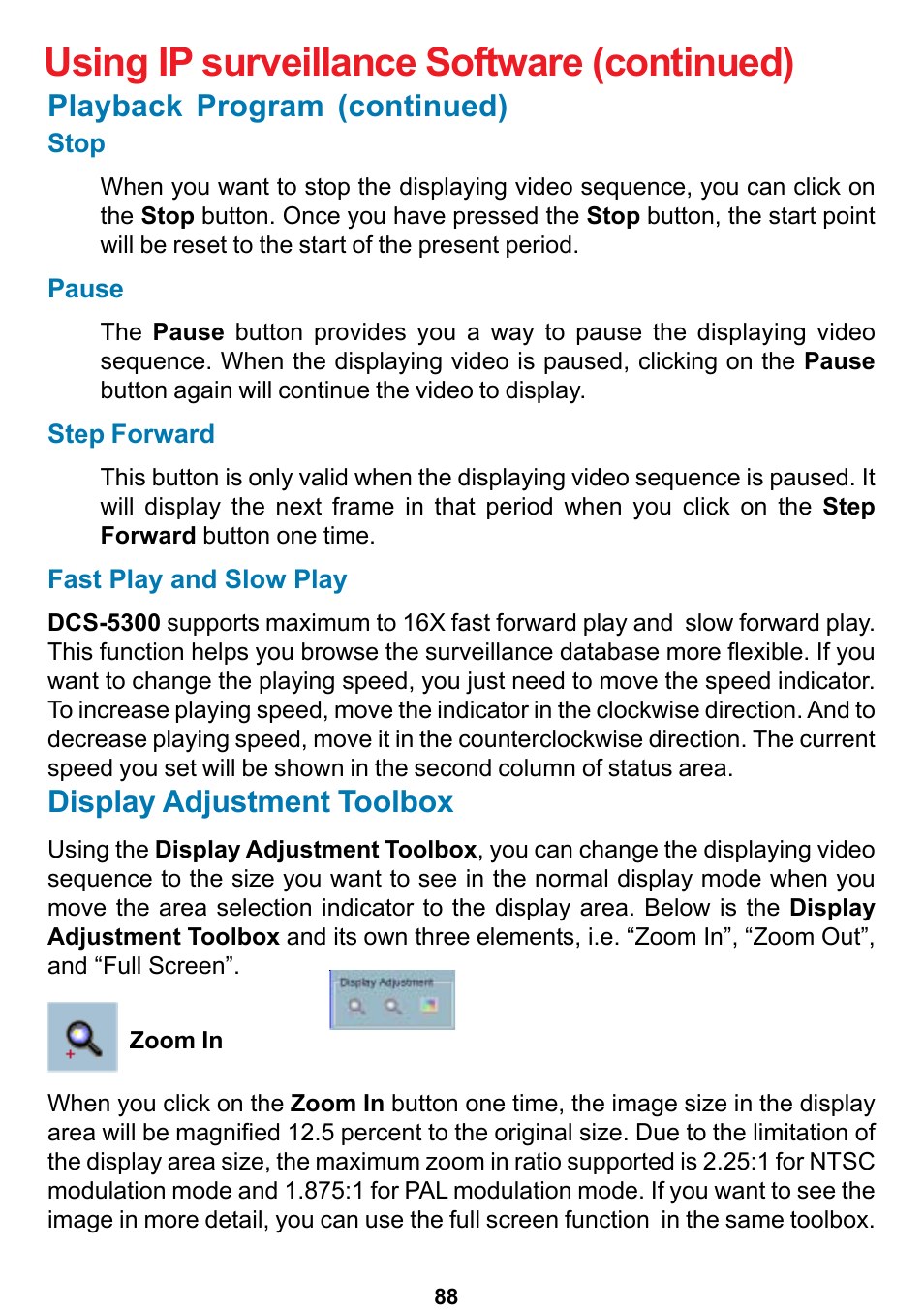 Using ip surveillance software (continued), Display adjustment toolbox, Playback program (continued) | D-Link DCS-5300 User Manual | Page 88 / 109