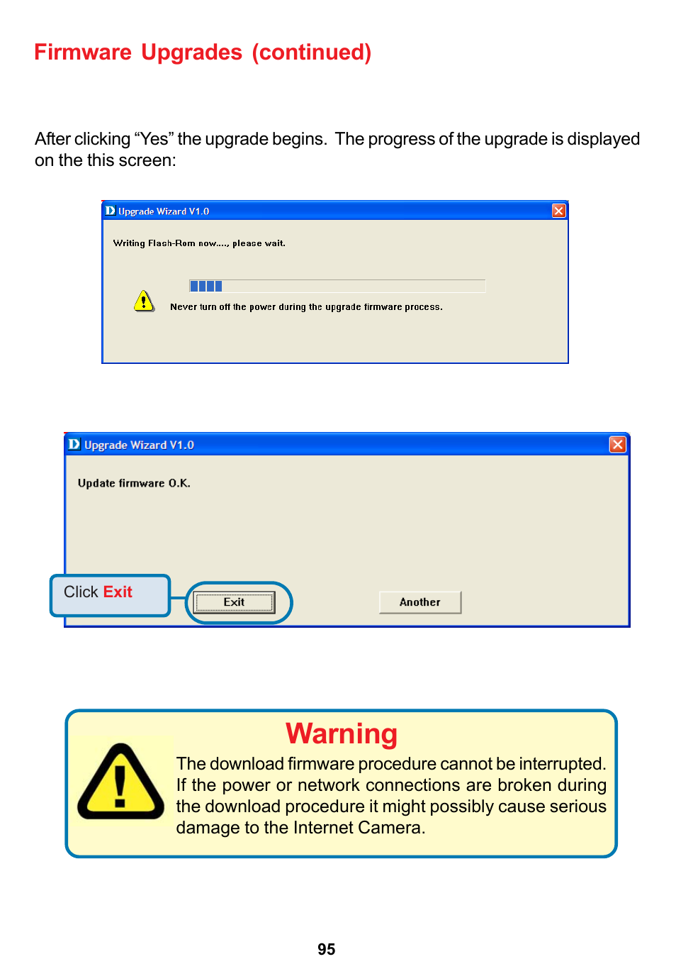 Warning, Firmware upgrades (continued) | D-Link DCS-5300 User Manual | Page 95 / 109