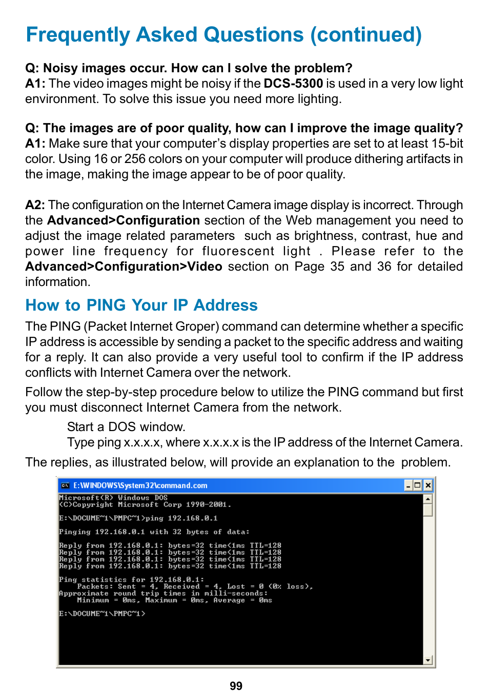 How to ping your ip address, Frequently asked questions (continued) | D-Link DCS-5300 User Manual | Page 99 / 109