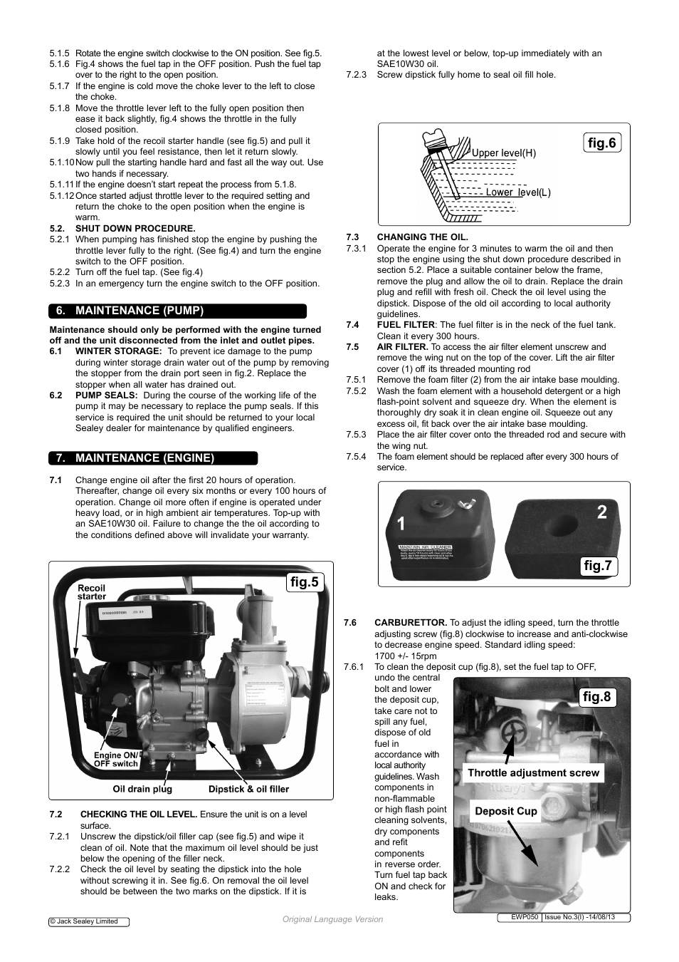 Fig.5, Fig.6 fig.7 fig.8, Maintenance (pump) | Maintenance (engine) | Sealey EWP050 User Manual | Page 3 / 5