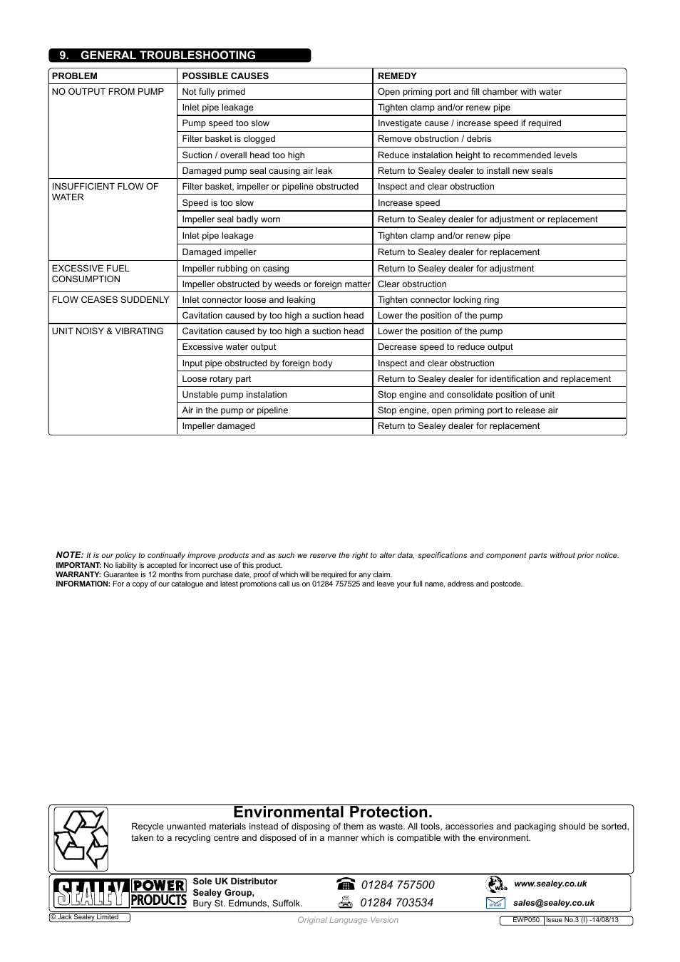 Environmental protection | Sealey EWP050 User Manual | Page 5 / 5