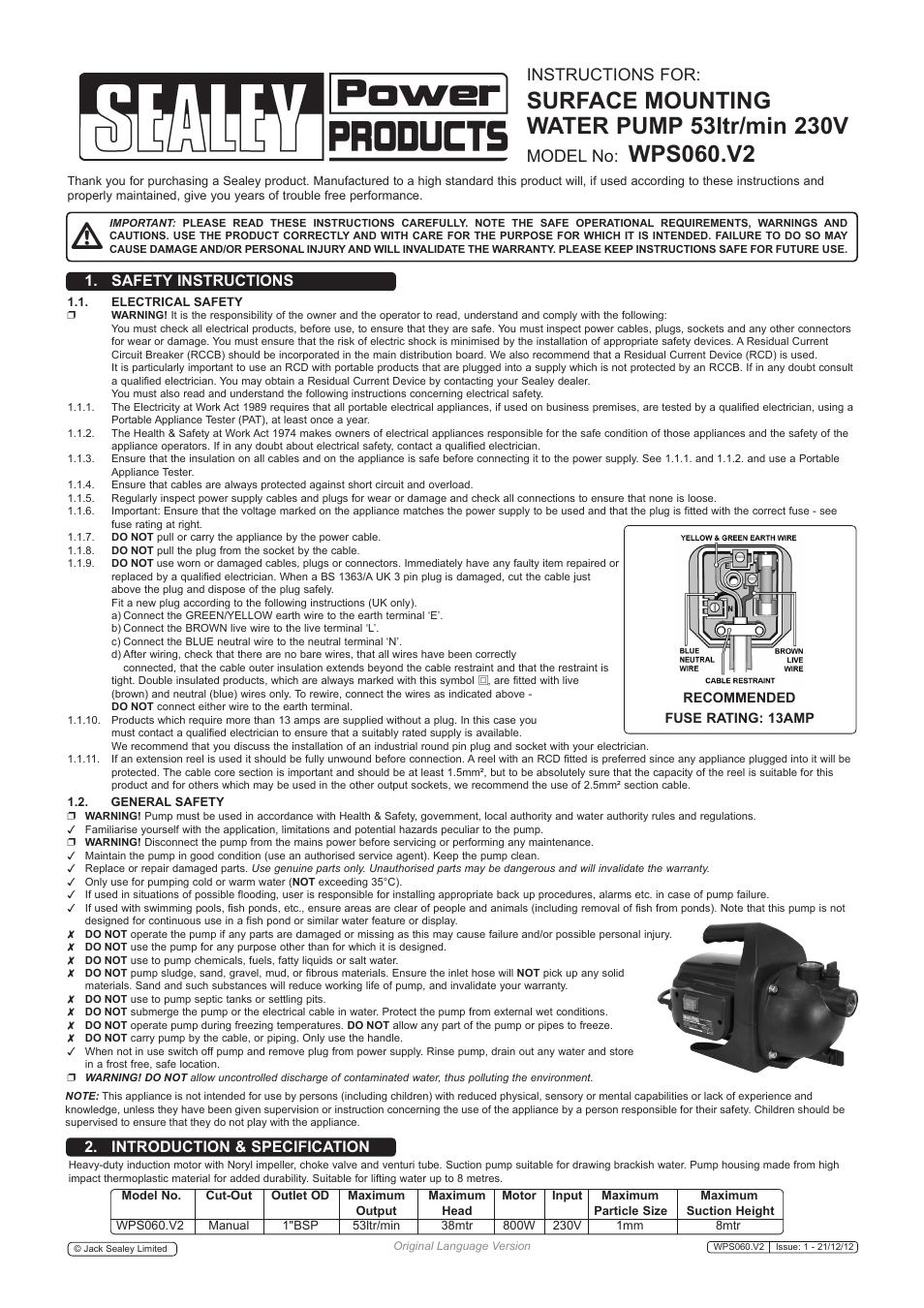 Sealey WPS060 User Manual | 2 pages