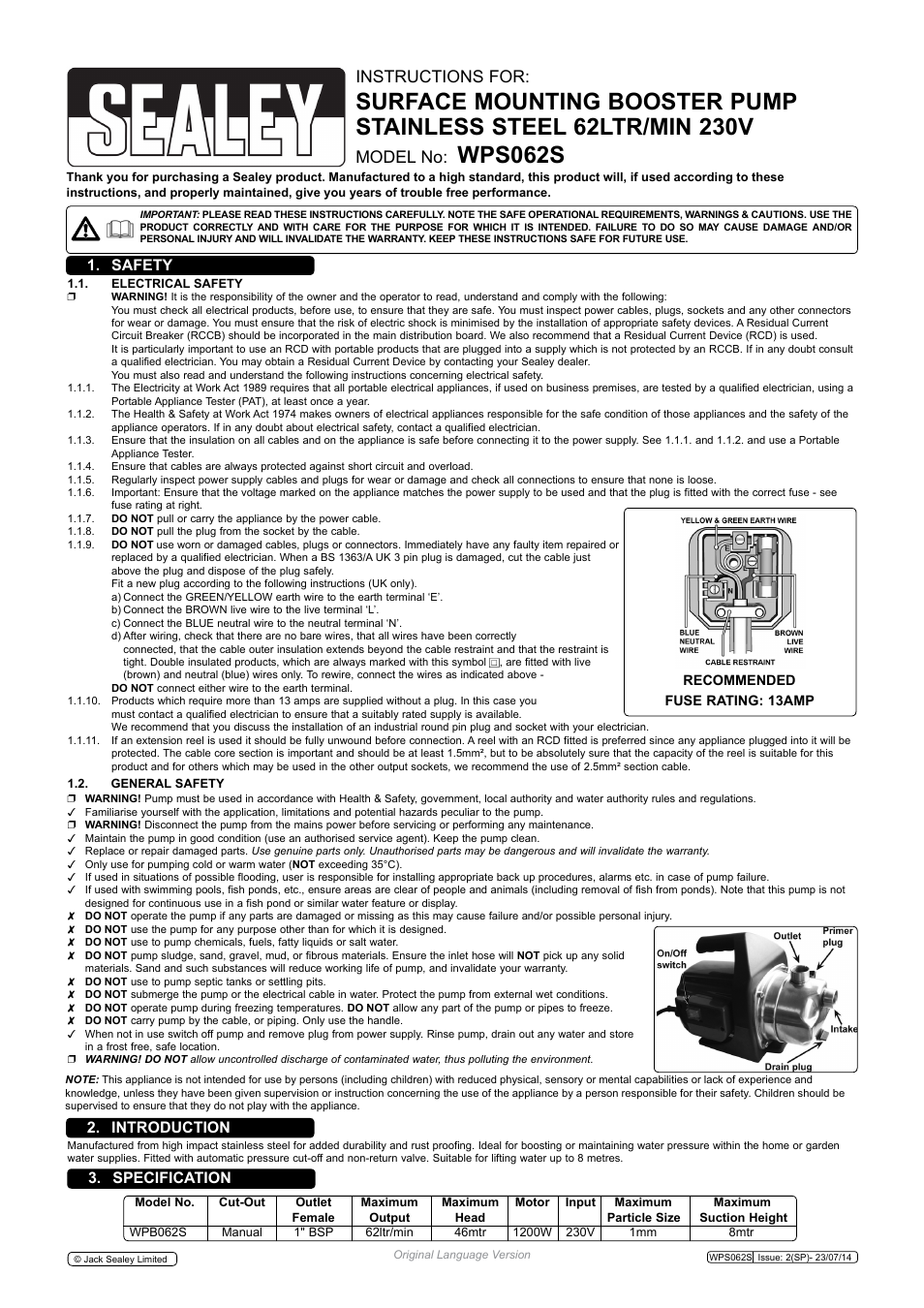 Sealey WPS062S User Manual | 2 pages