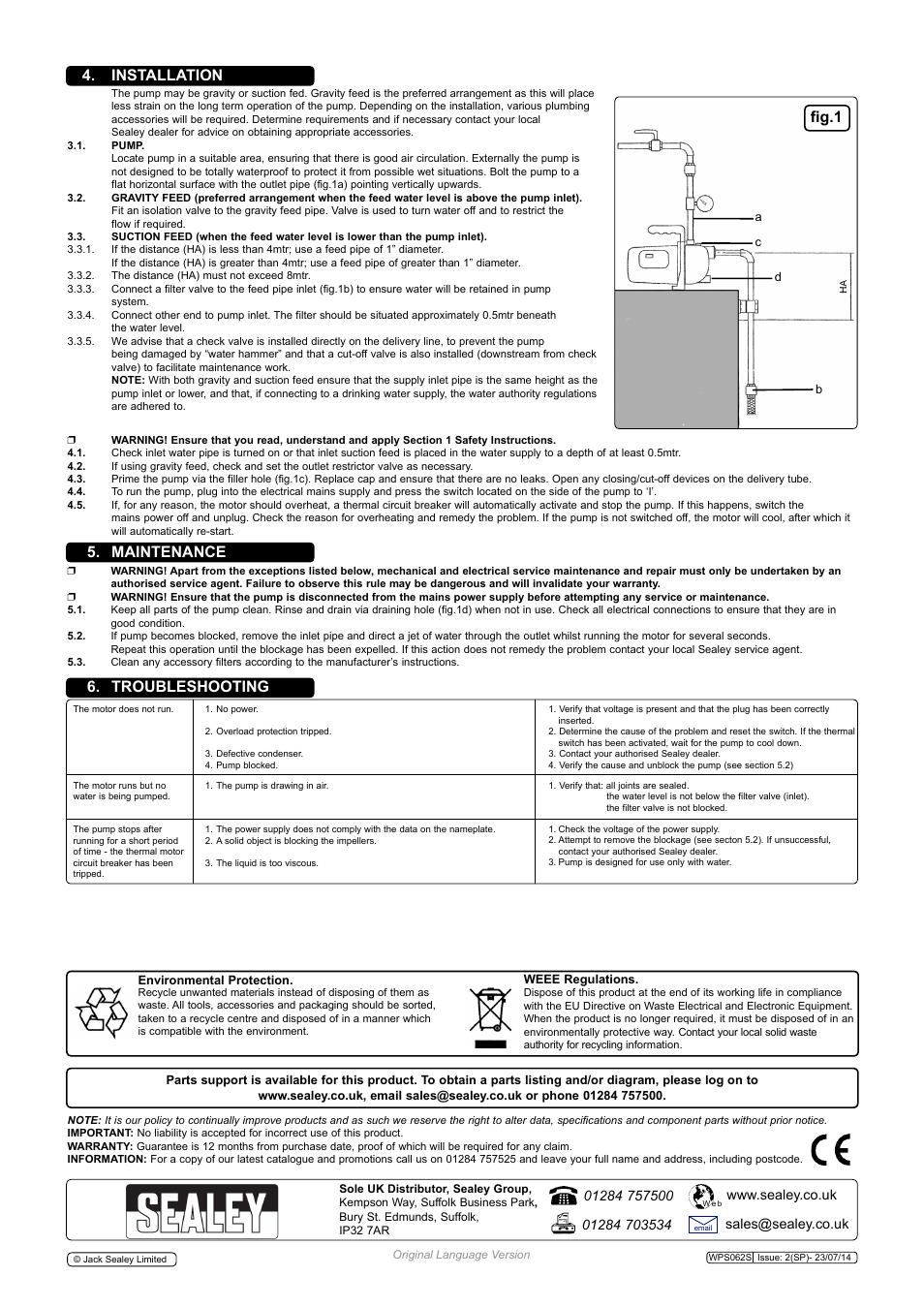 Fig.1, Installation 5. maintenance 6. troubleshooting | Sealey WPS062S User Manual | Page 2 / 2
