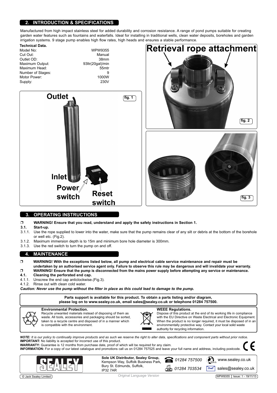 Introduction & specifications, Operating instructions, Maintenance | Sealey WPW9355 User Manual | Page 2 / 2