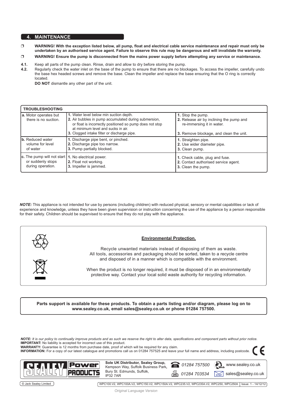 Maintenance | Sealey WPC100 User Manual | Page 3 / 3