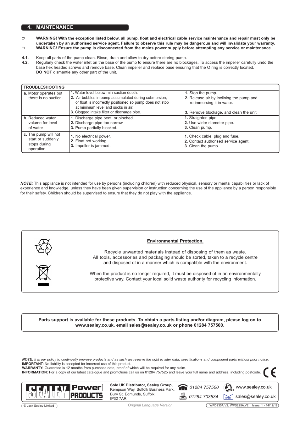 Maintenance | Sealey WPD235A User Manual | Page 3 / 3