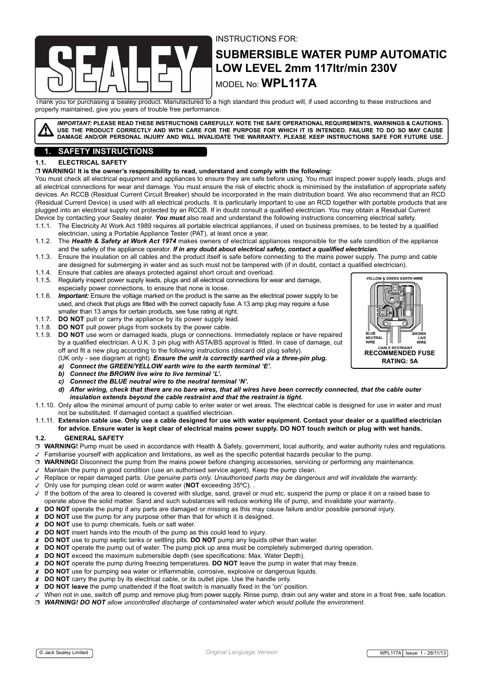 Sealey WPL117A User Manual | 3 pages