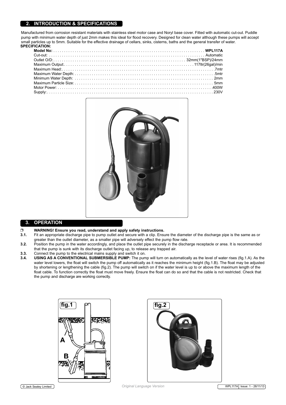 Fig.1 fig.2, Introduction & specifications 3. operation | Sealey WPL117A User Manual | Page 2 / 3