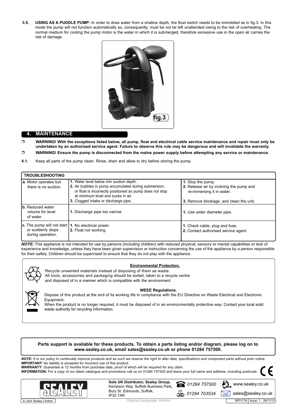 Fig.3, Maintenance | Sealey WPL117A User Manual | Page 3 / 3