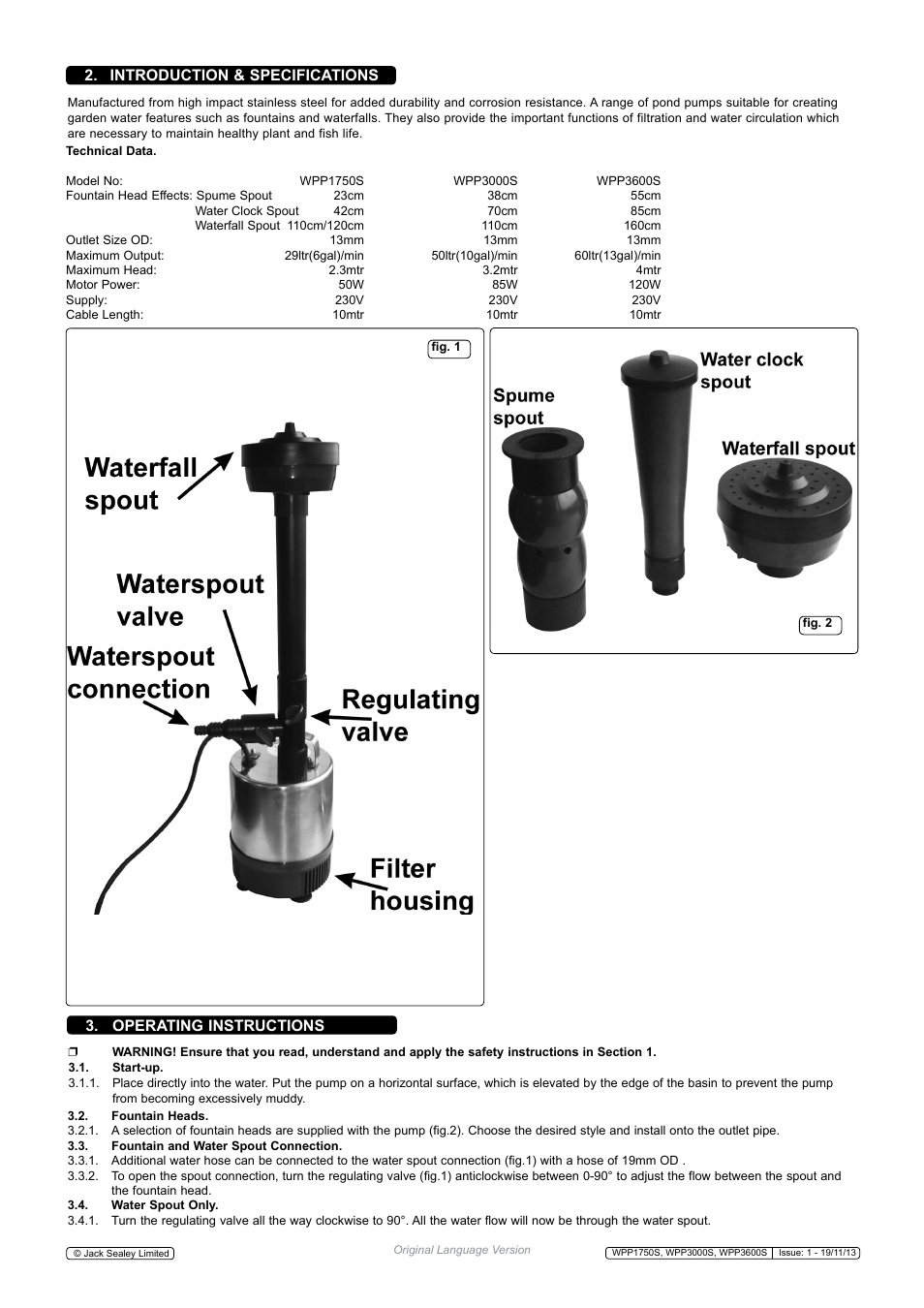 Introduction & specifications, Operating instructions | Sealey WPP1750S User Manual | Page 2 / 3