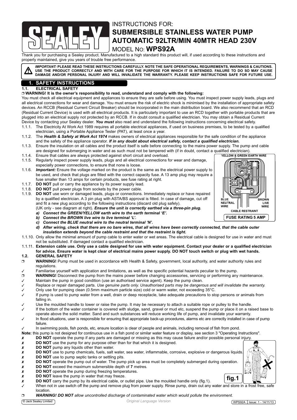 Sealey WPS92A User Manual | 2 pages
