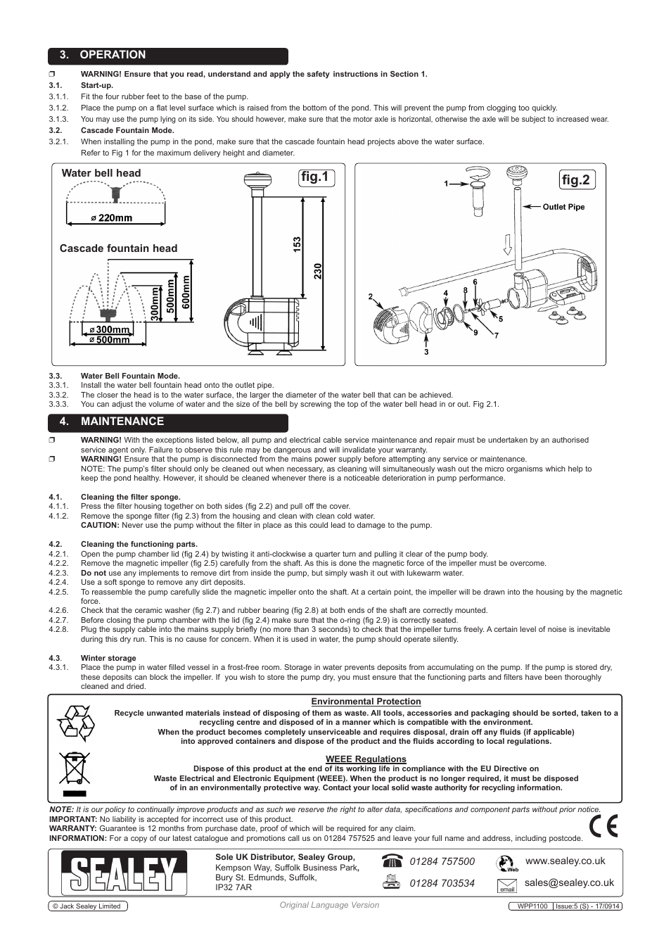 Fig.1, Fig.2, Operation | Maintenance | Sealey WPP1100 User Manual | Page 2 / 2