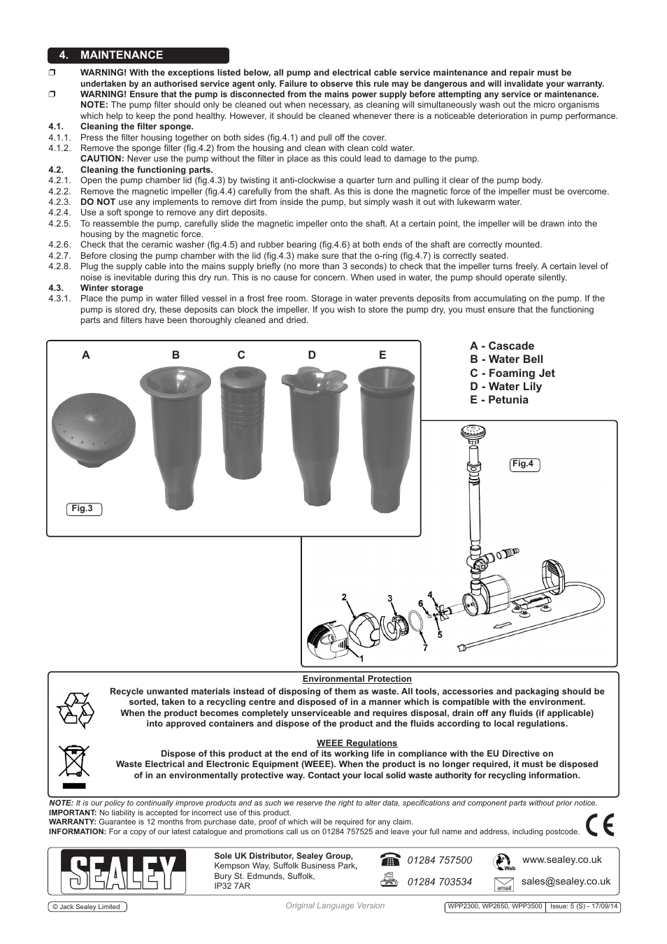 Maintenance, Ab c d e | Sealey WPP2300 User Manual | Page 3 / 3