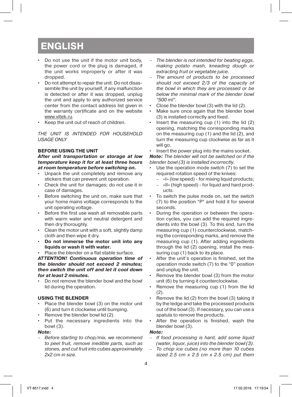 English | Vitek VT-8517 ST User Manual | Page 4 / 20