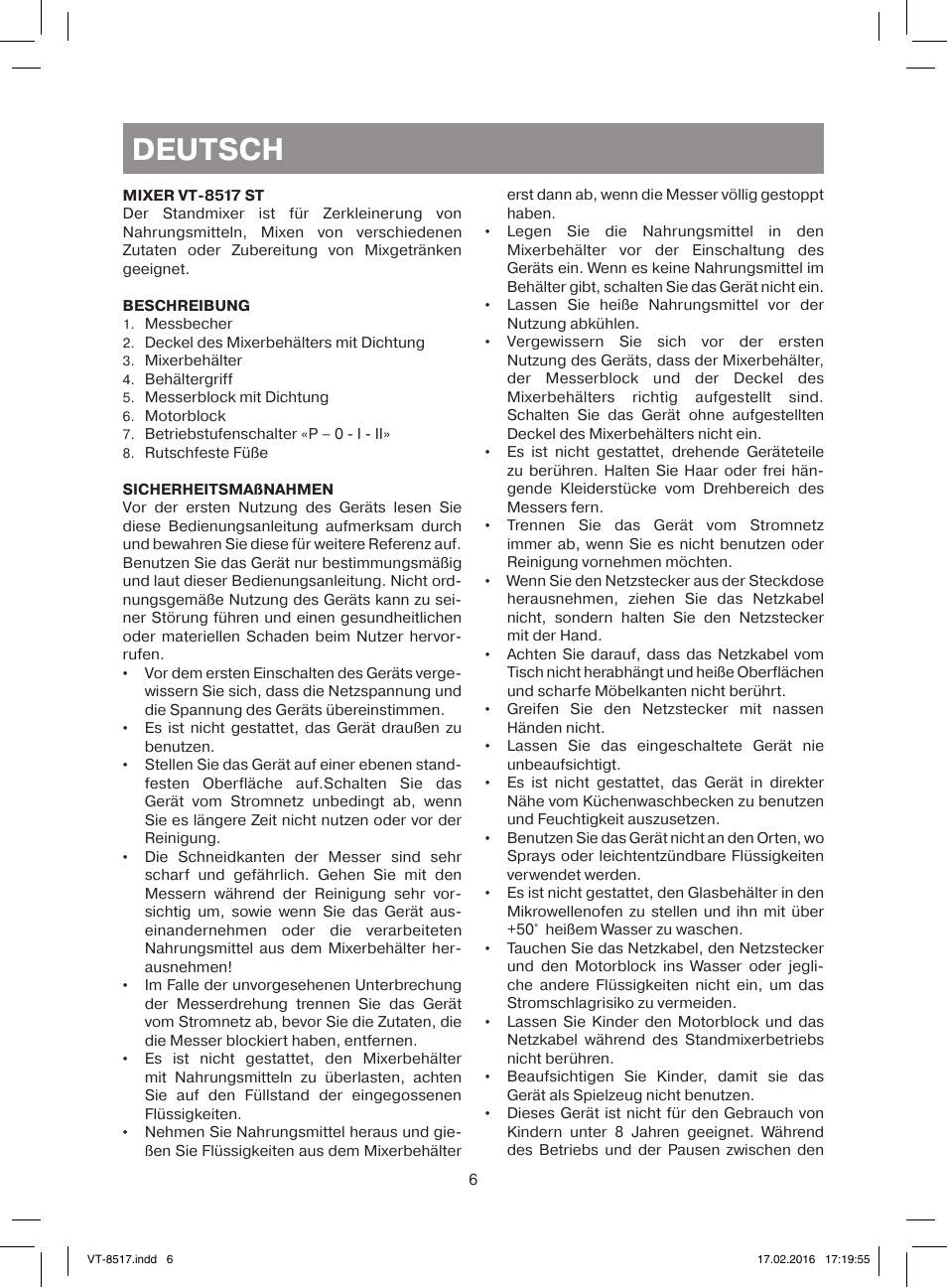Deutsch | Vitek VT-8517 ST User Manual | Page 6 / 20