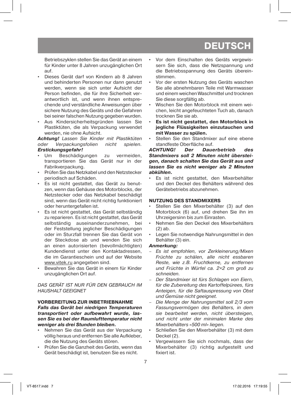 Deutsch | Vitek VT-8517 ST User Manual | Page 7 / 20