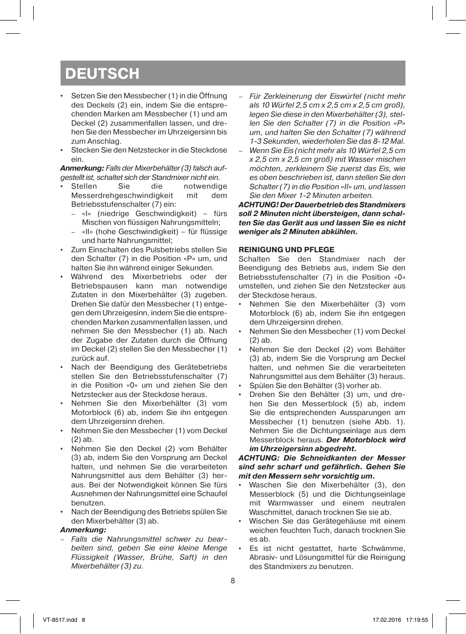 Deutsch | Vitek VT-8517 ST User Manual | Page 8 / 20