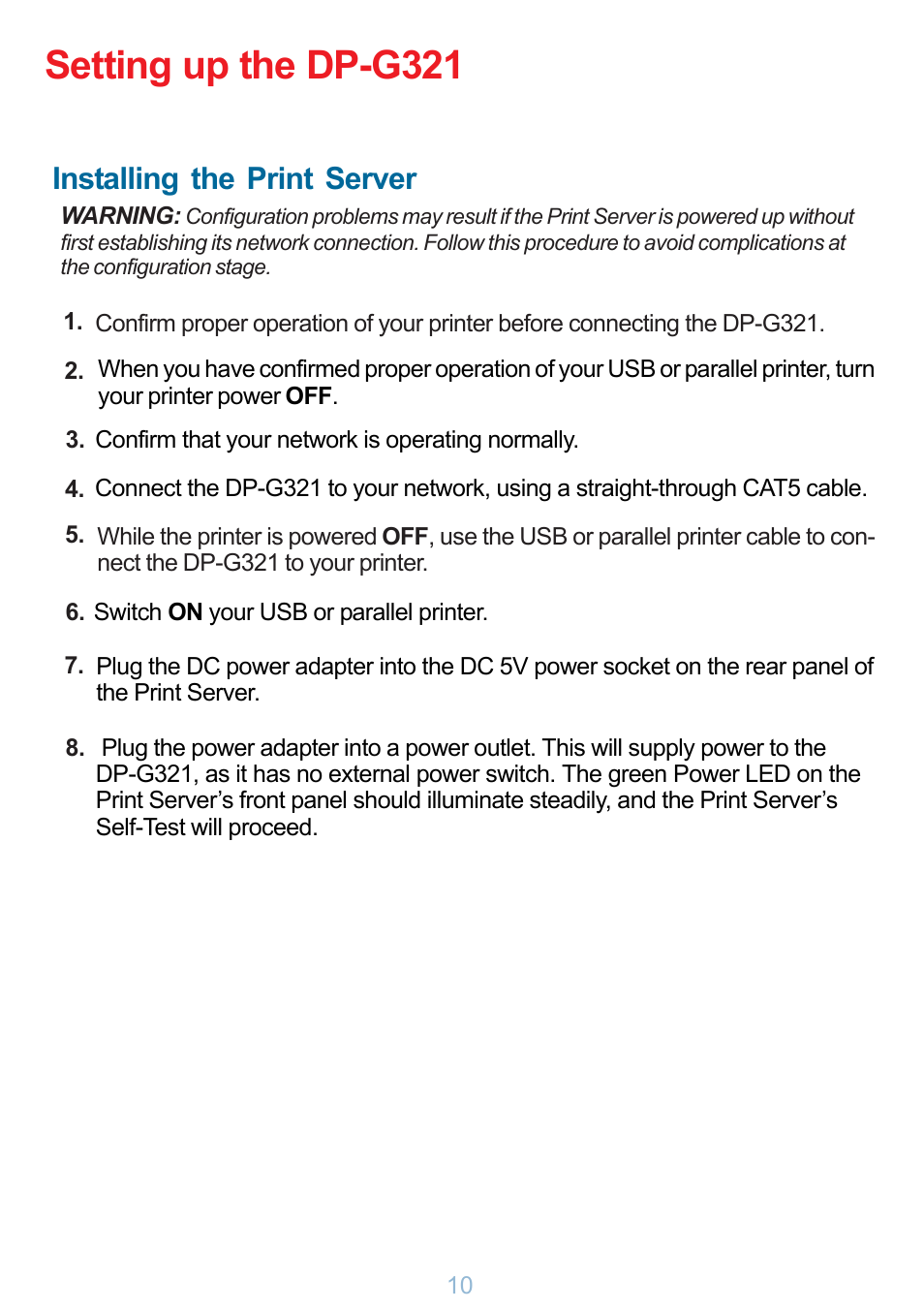 Setting up the dp-g321, Installing the print server | D-Link DP-G321 User Manual | Page 10 / 90