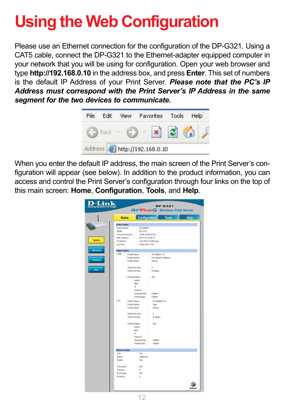 Using the web configuration | D-Link DP-G321 User Manual | Page 12 / 90