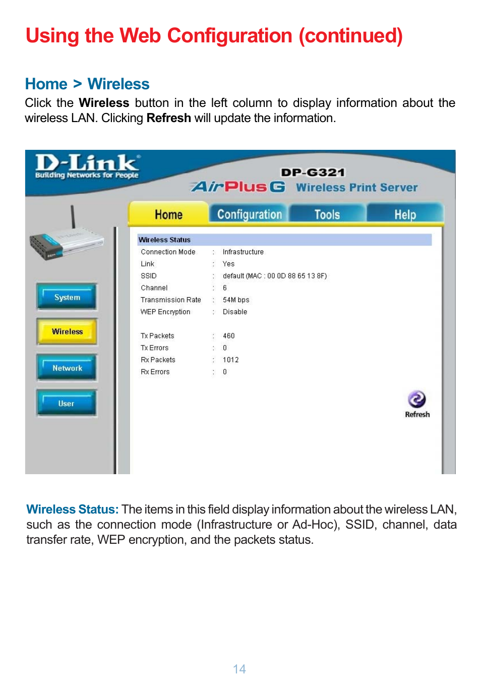 Using the web configuration (continued), Home > wireless | D-Link DP-G321 User Manual | Page 14 / 90