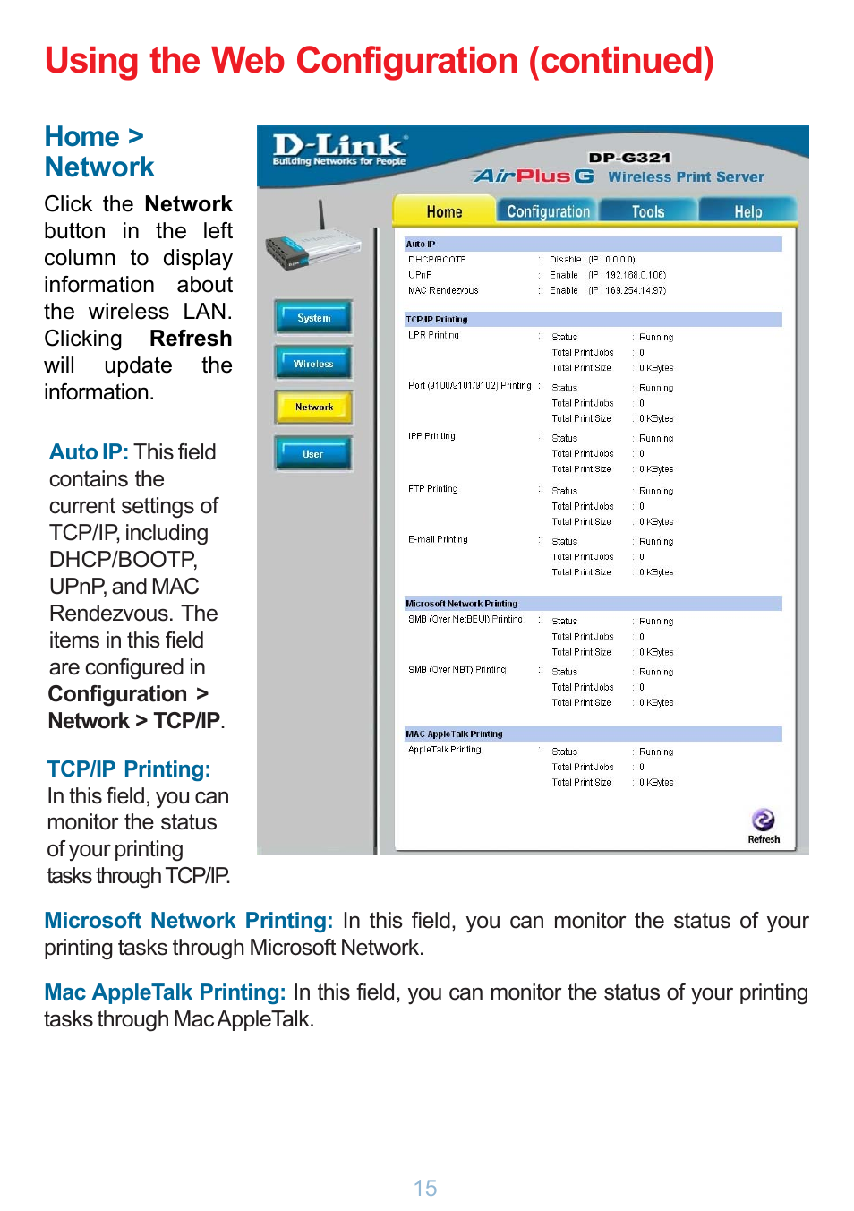 Using the web configuration (continued), Home > network | D-Link DP-G321 User Manual | Page 15 / 90