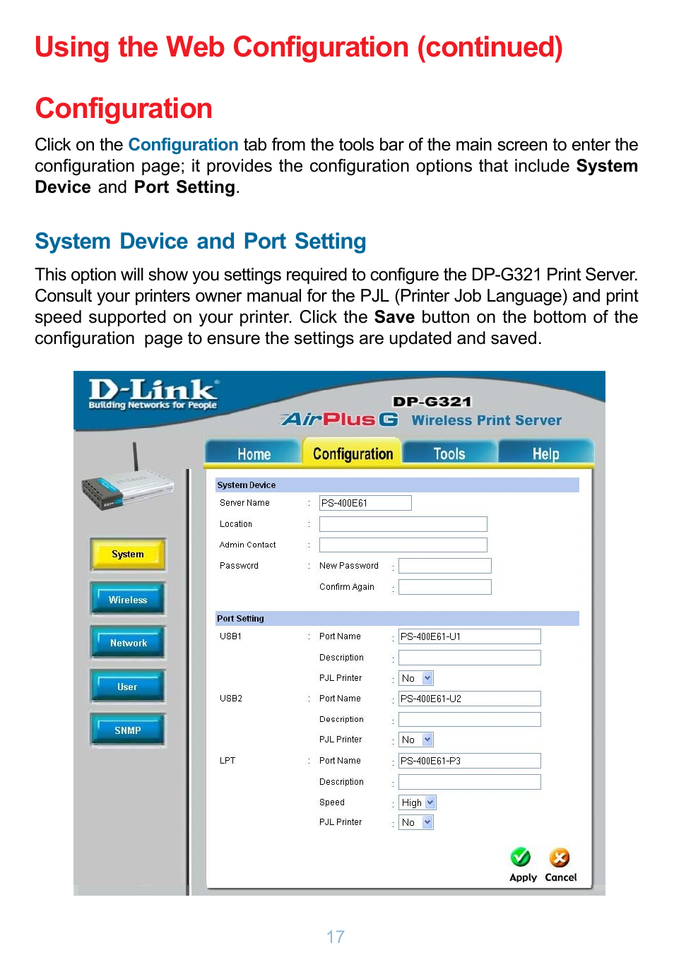 Configuration, Using the web configuration (continued) | D-Link DP-G321 User Manual | Page 17 / 90