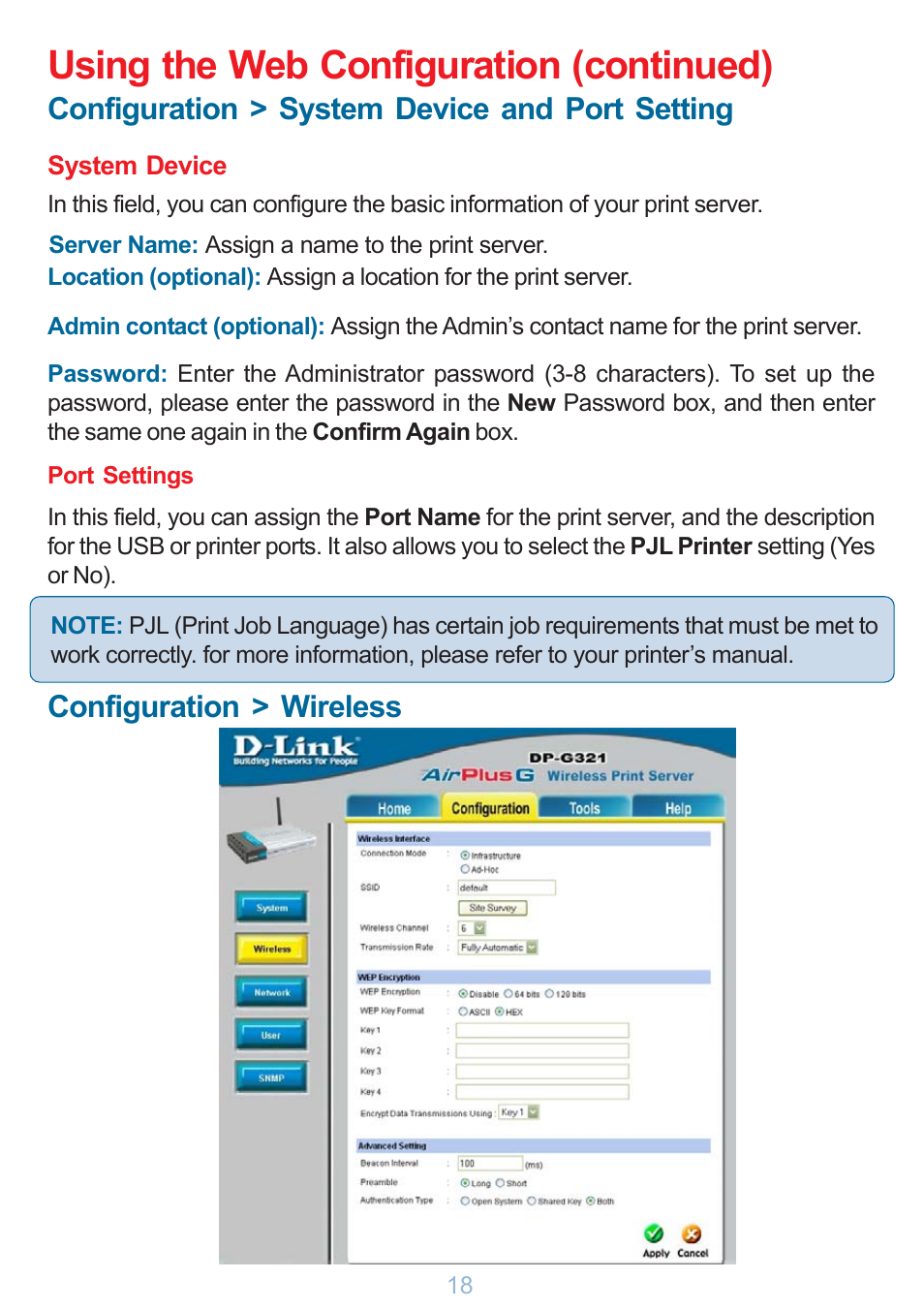 Using the web configuration (continued), Configuration > system device and port setting, Configuration > wireless | D-Link DP-G321 User Manual | Page 18 / 90