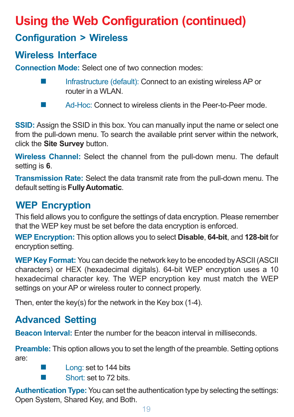 Using the web configuration (continued), Configuration > wireless, Wireless interface wep encryption | Advanced setting | D-Link DP-G321 User Manual | Page 19 / 90