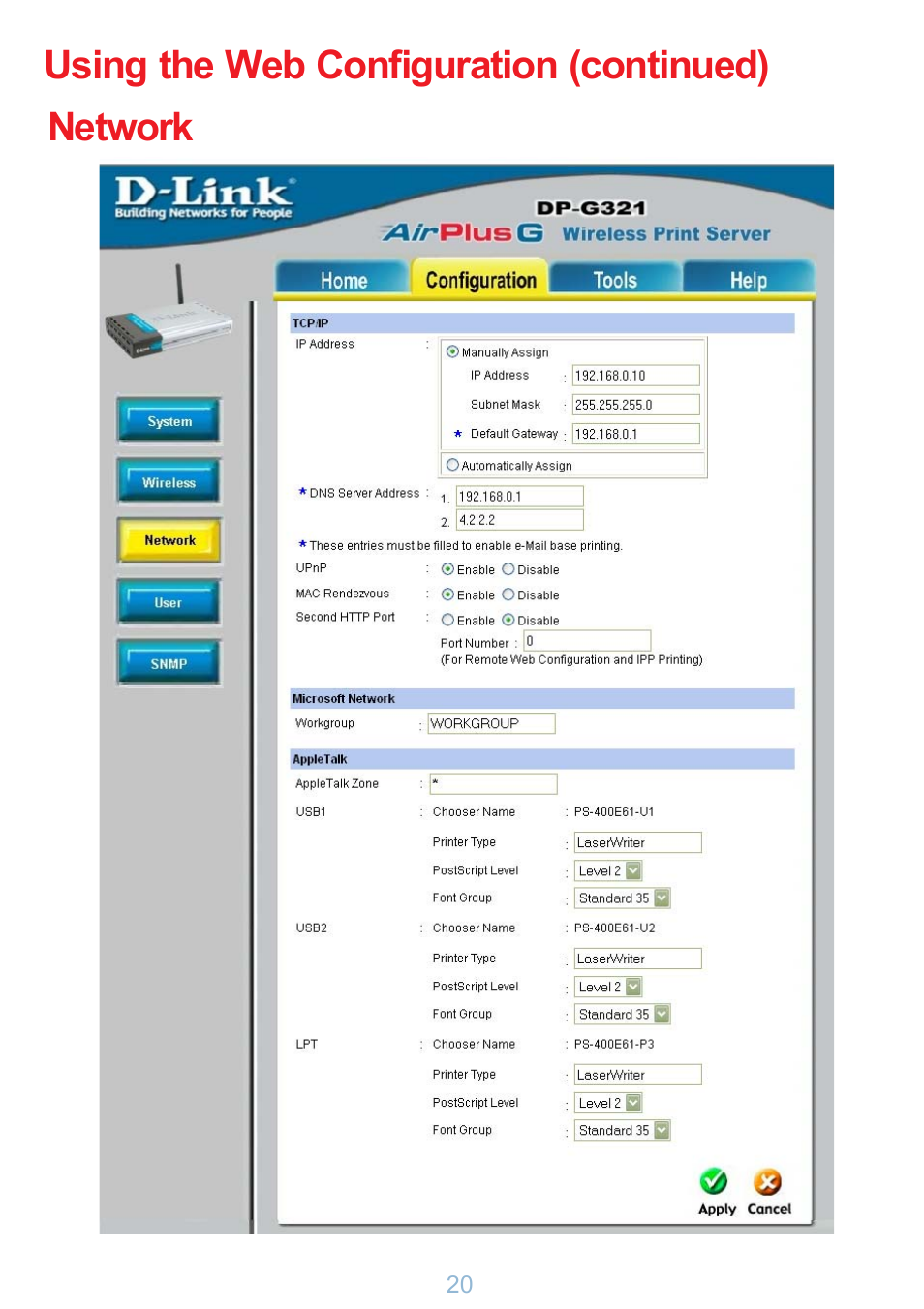Using the web configuration (continued) network | D-Link DP-G321 User Manual | Page 20 / 90