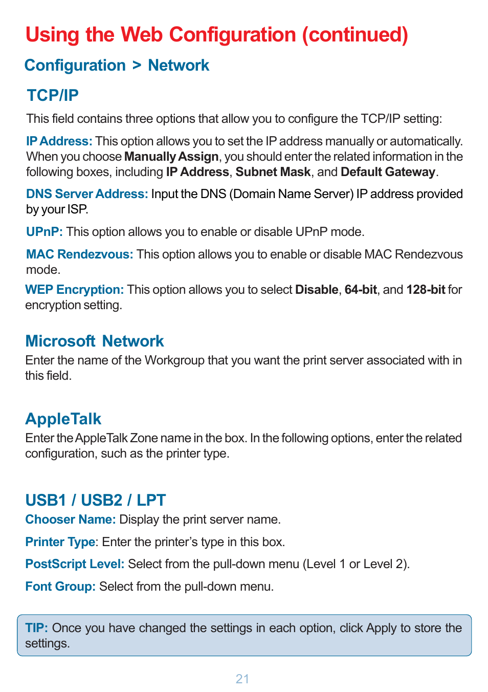 Using the web configuration (continued), Configuration > network tcp/ip, Microsoft network | Appletalk, Usb1 / usb2 / lpt | D-Link DP-G321 User Manual | Page 21 / 90