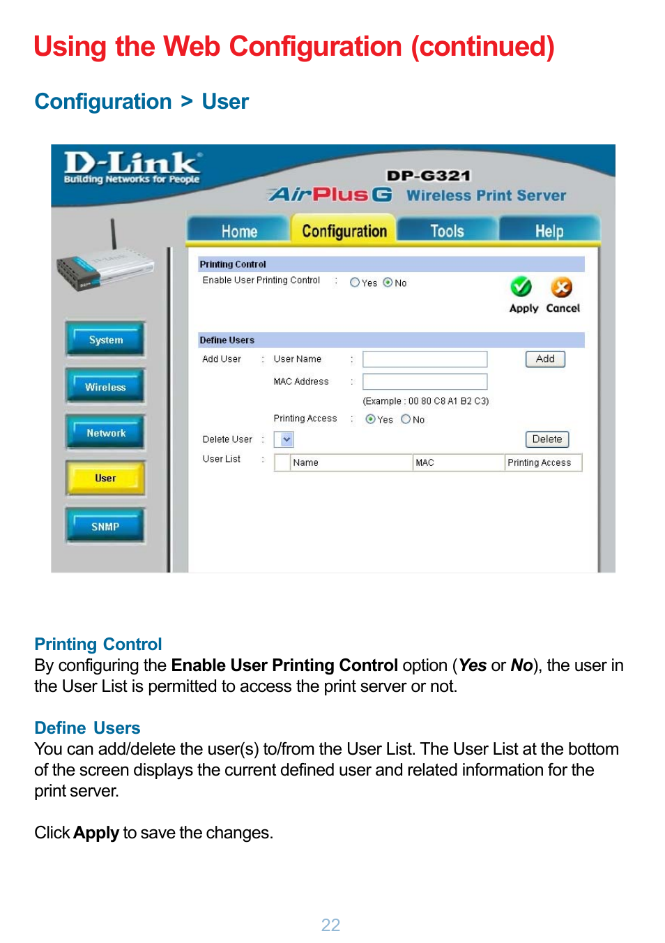 Using the web configuration (continued), Configuration > user | D-Link DP-G321 User Manual | Page 22 / 90