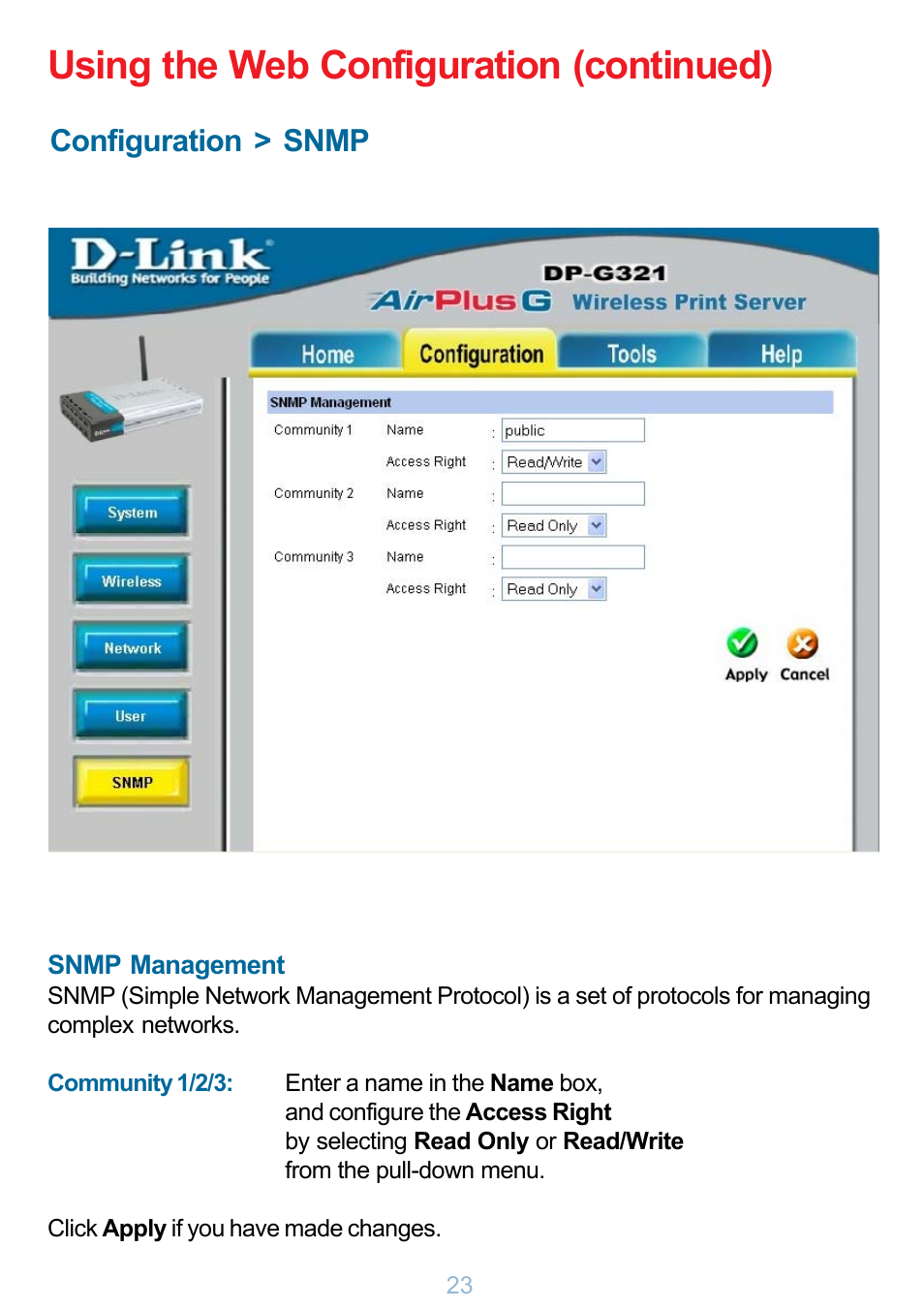 Using the web configuration (continued), Configuration > snmp | D-Link DP-G321 User Manual | Page 23 / 90