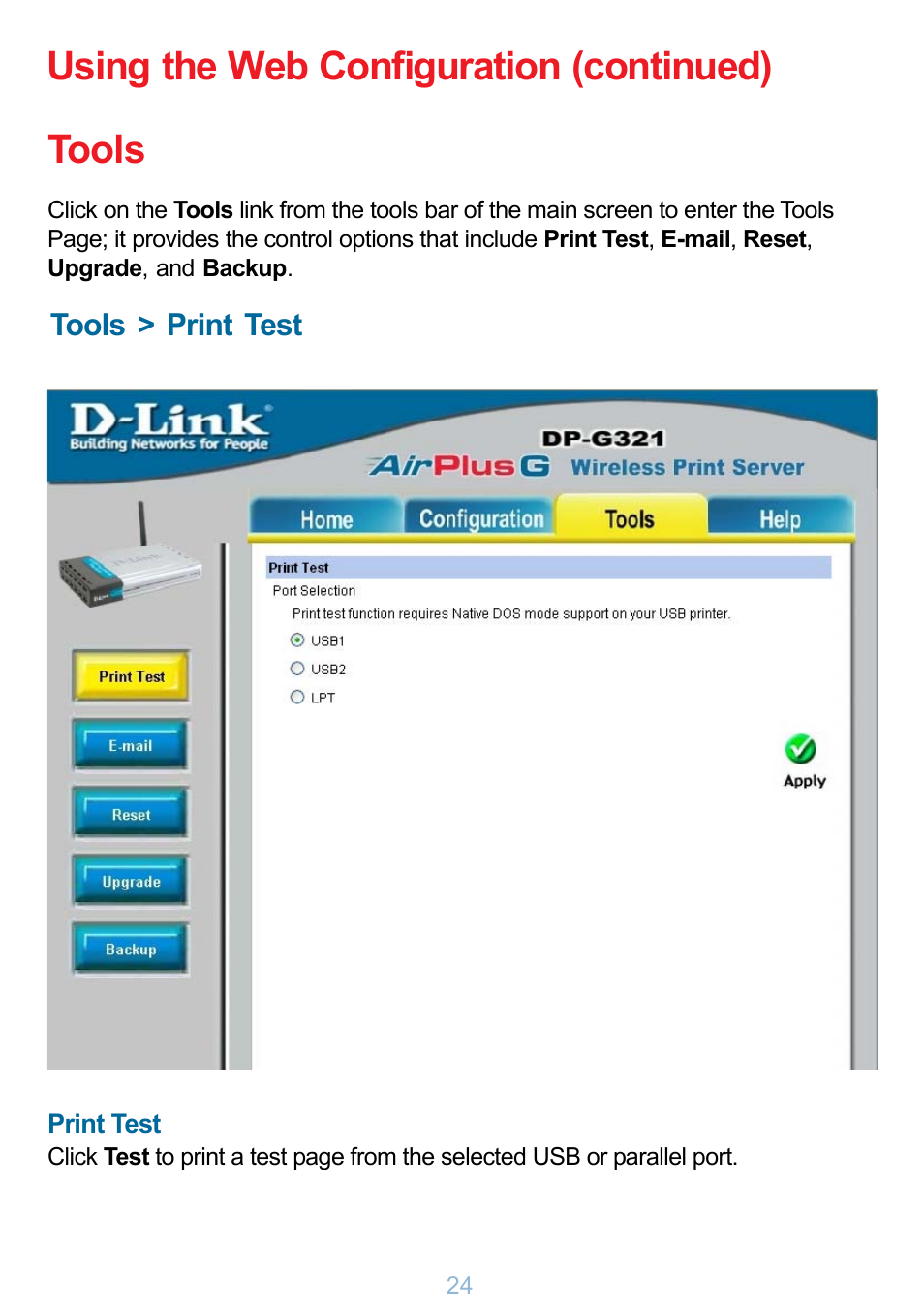 Tools using the web configuration (continued) | D-Link DP-G321 User Manual | Page 24 / 90