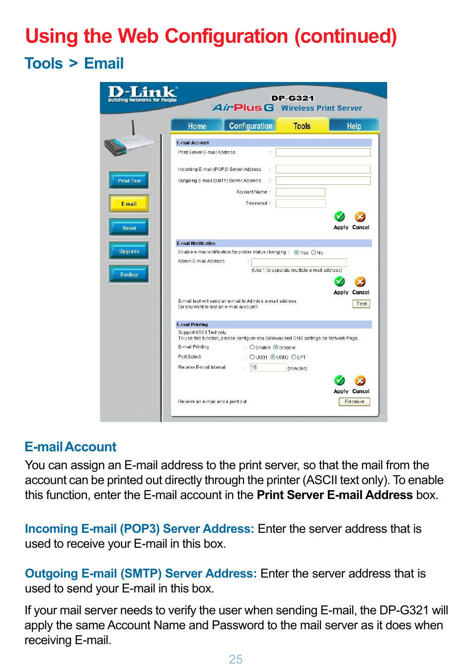 Using the web configuration (continued), Tools > email | D-Link DP-G321 User Manual | Page 25 / 90