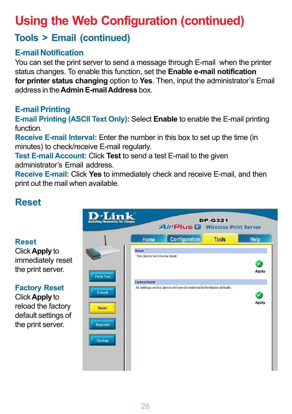 Using the web configuration (continued), Tools > email (continued), Reset | D-Link DP-G321 User Manual | Page 26 / 90