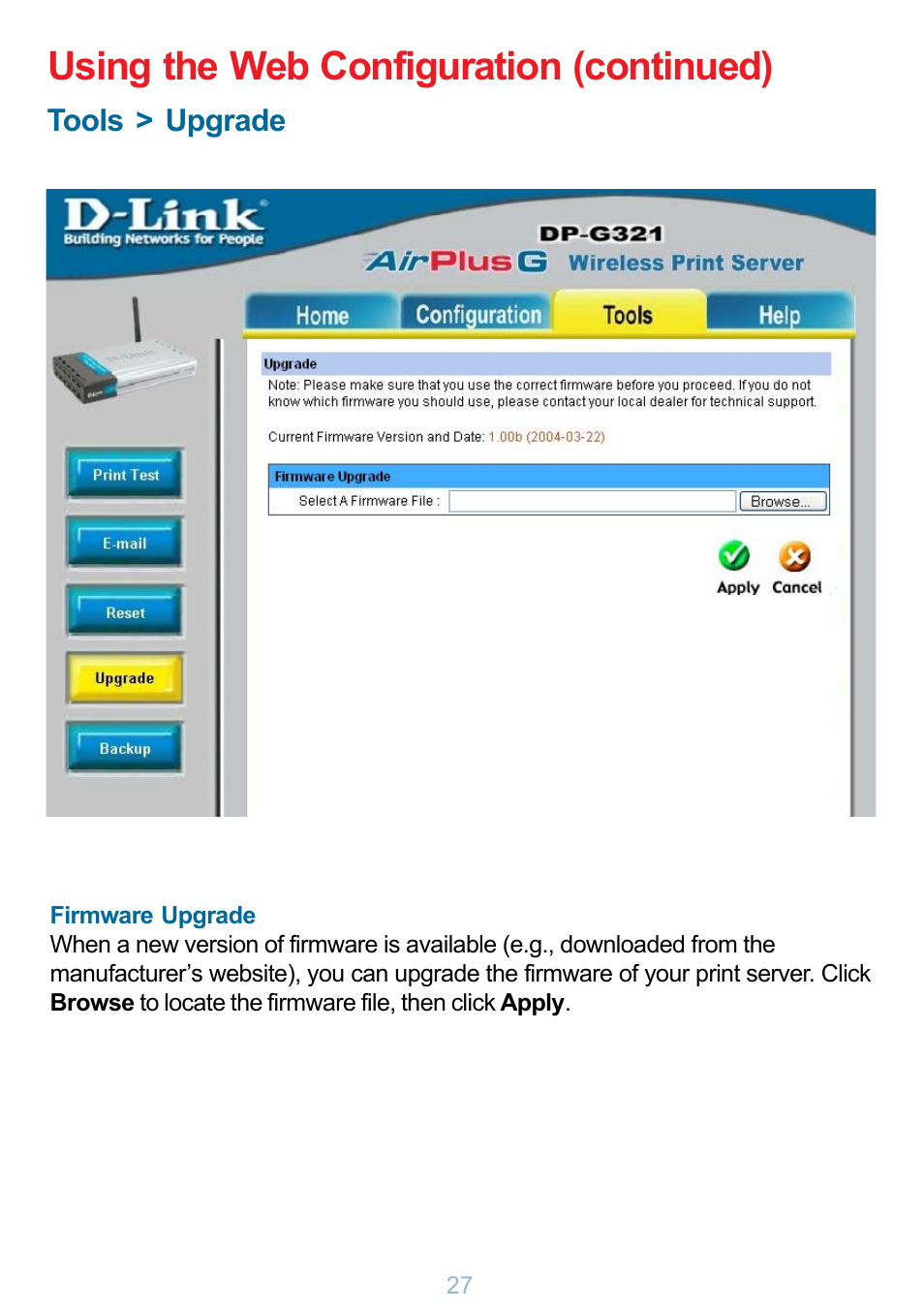 Using the web configuration (continued) | D-Link DP-G321 User Manual | Page 27 / 90