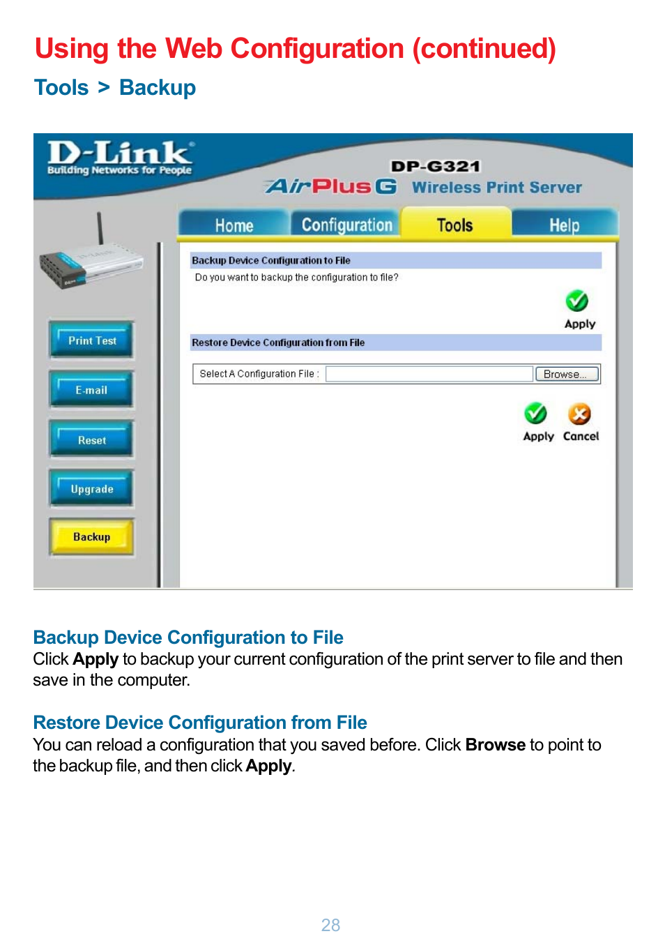 Using the web configuration (continued) | D-Link DP-G321 User Manual | Page 28 / 90