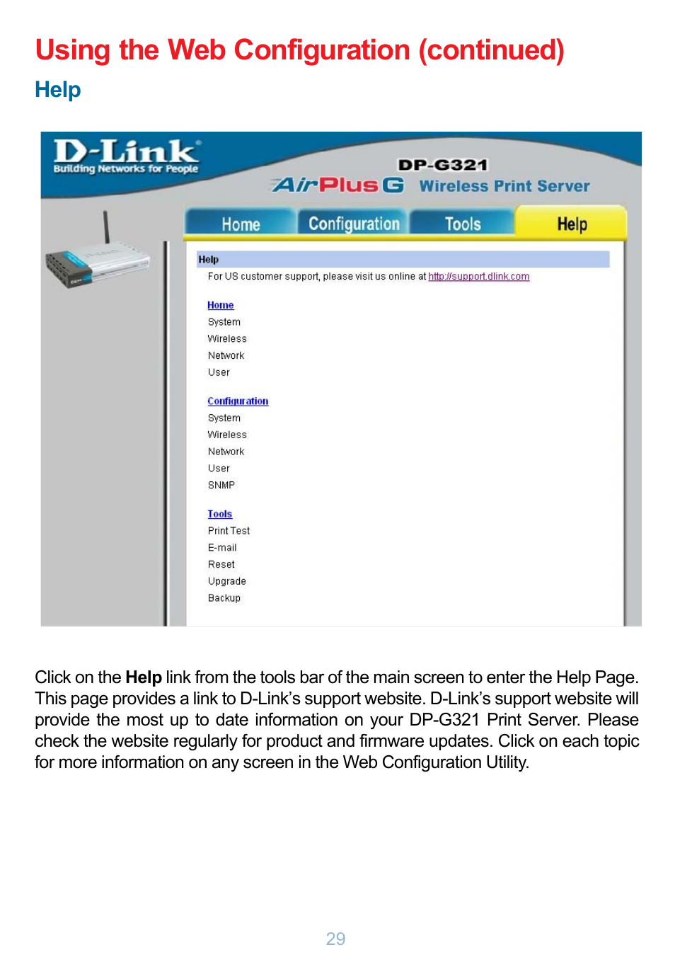 Using the web configuration (continued) | D-Link DP-G321 User Manual | Page 29 / 90