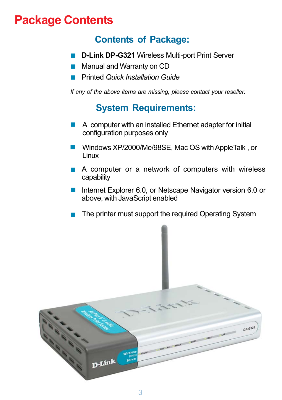 Package contents, System requirements, Contents of package | D-Link DP-G321 User Manual | Page 3 / 90