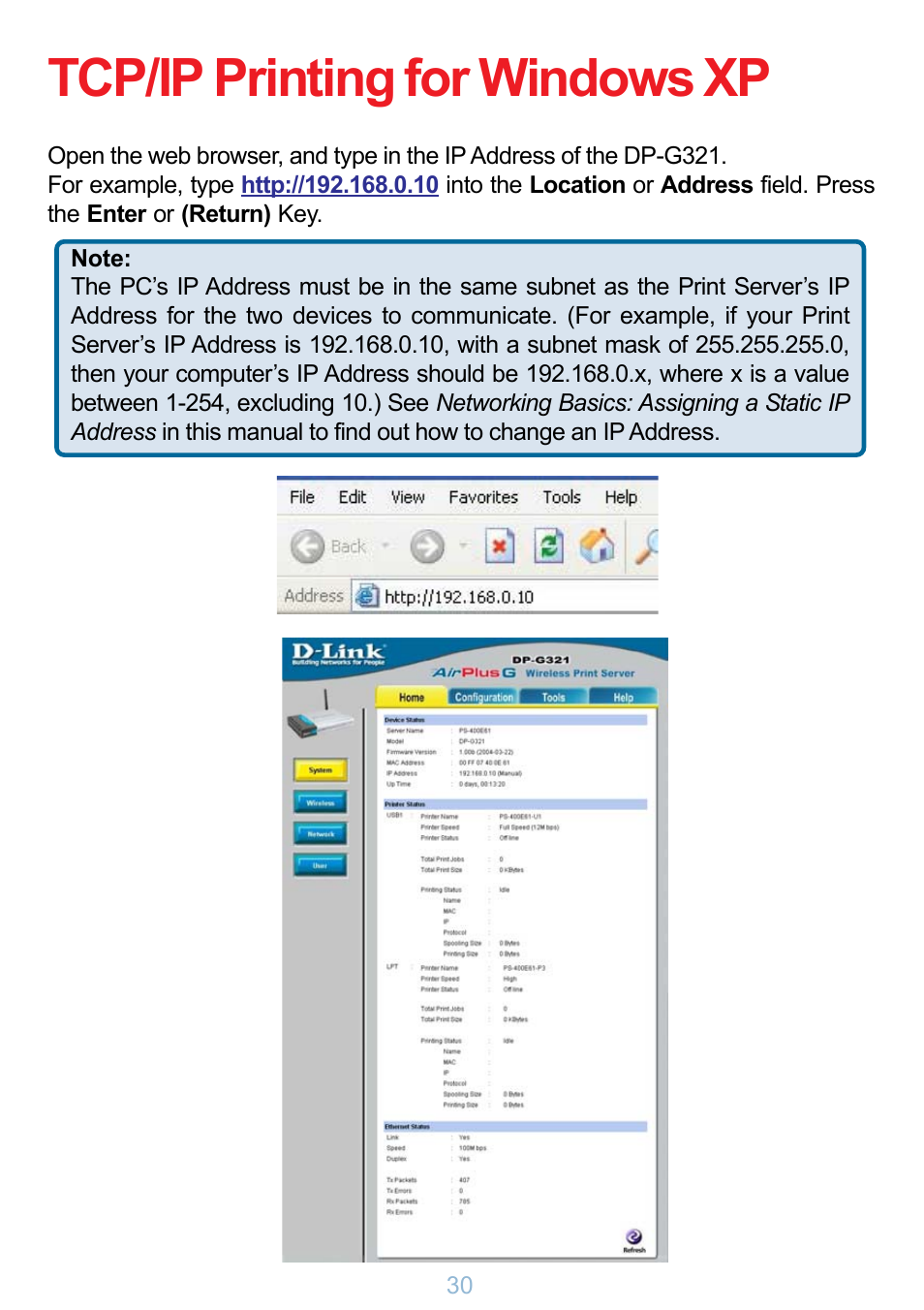 Tcp/ip printing for windows xp | D-Link DP-G321 User Manual | Page 30 / 90