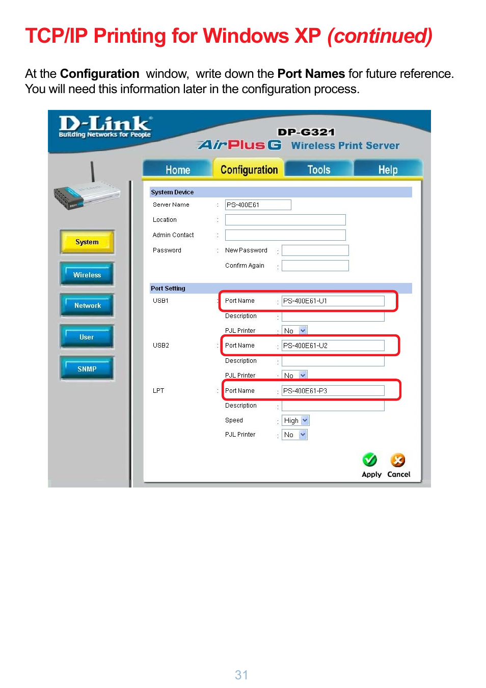 Tcp/ip printing for windows xp (continued) | D-Link DP-G321 User Manual | Page 31 / 90